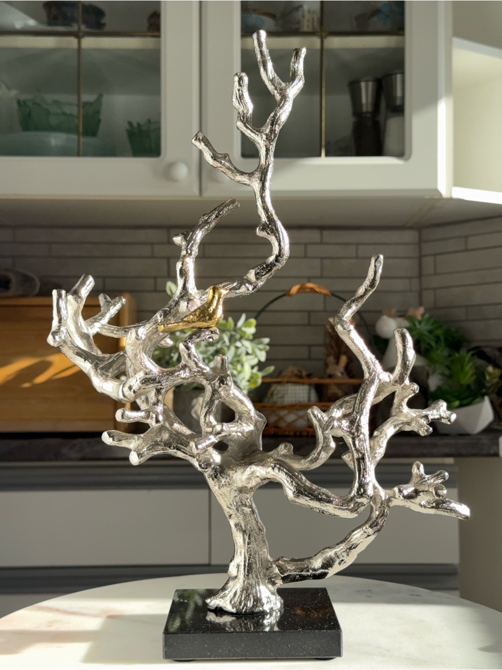 Silver Coral Tree Bird Sculpture - Decorative Table Accent
